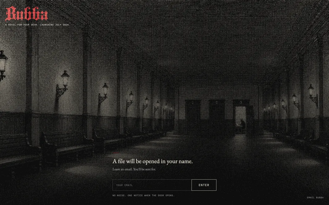 The Bubba holding page: a blackletter wordmark in red over a dark, heavily dithered engraving of a lamplit hall.