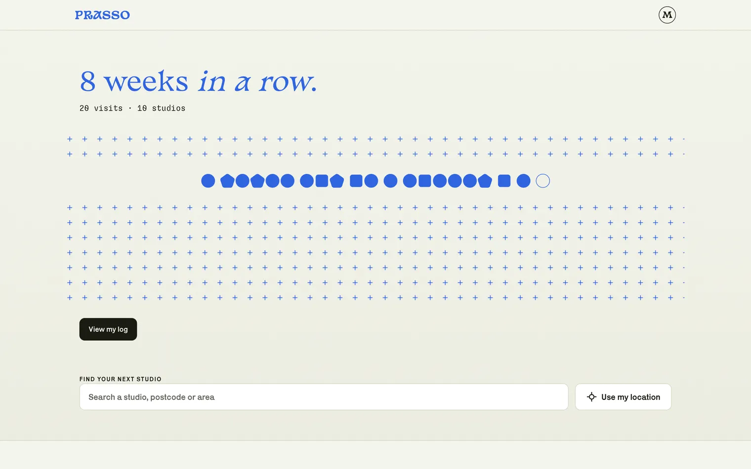 The same screen signed in: a streak headline above a row of beads, one for each class attended, and a search field below.