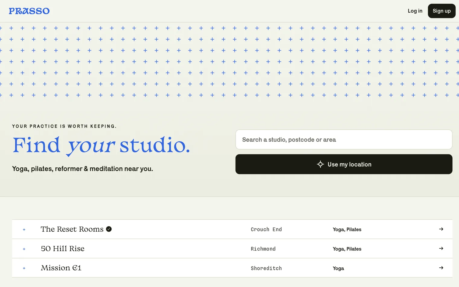 The Prasso search screen: a single search field above a list of studio results.
