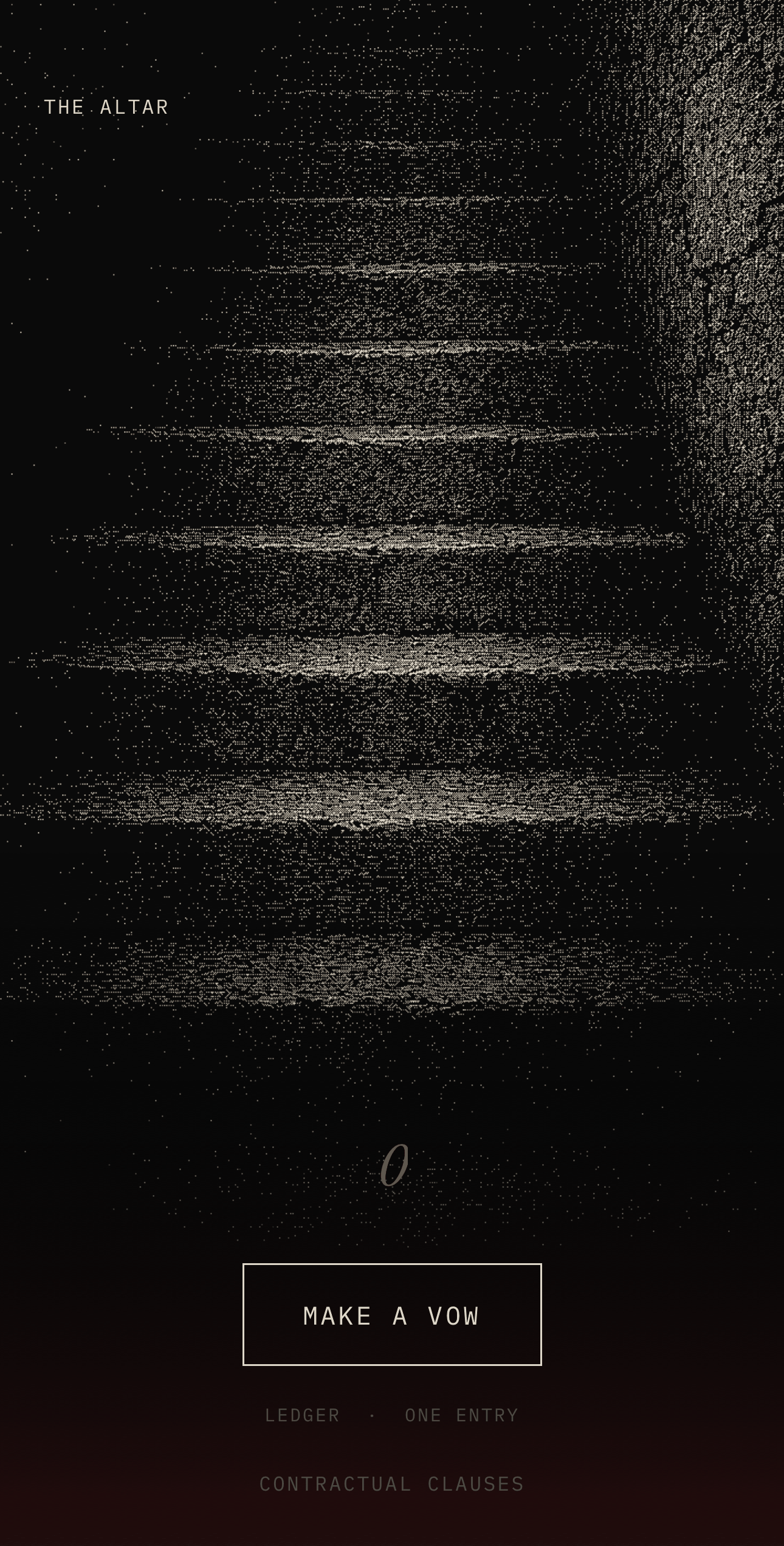 The Bubba home screen: a dithered engraving of stone steps, the numeral zero, and a button reading MAKE A VOW.